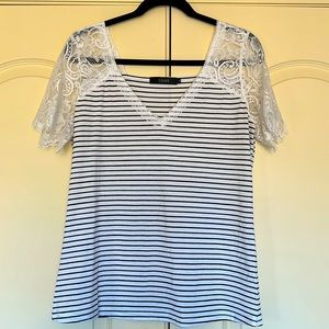 Lace sleeved black and white striped top